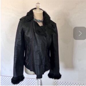 Women's leather Black Faux Fur Trim Jacket